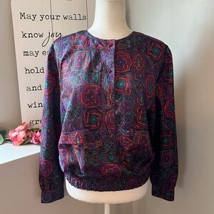 Shapley 80’s Vintage Multicolor Print Smocked Waist Button Down Blouse